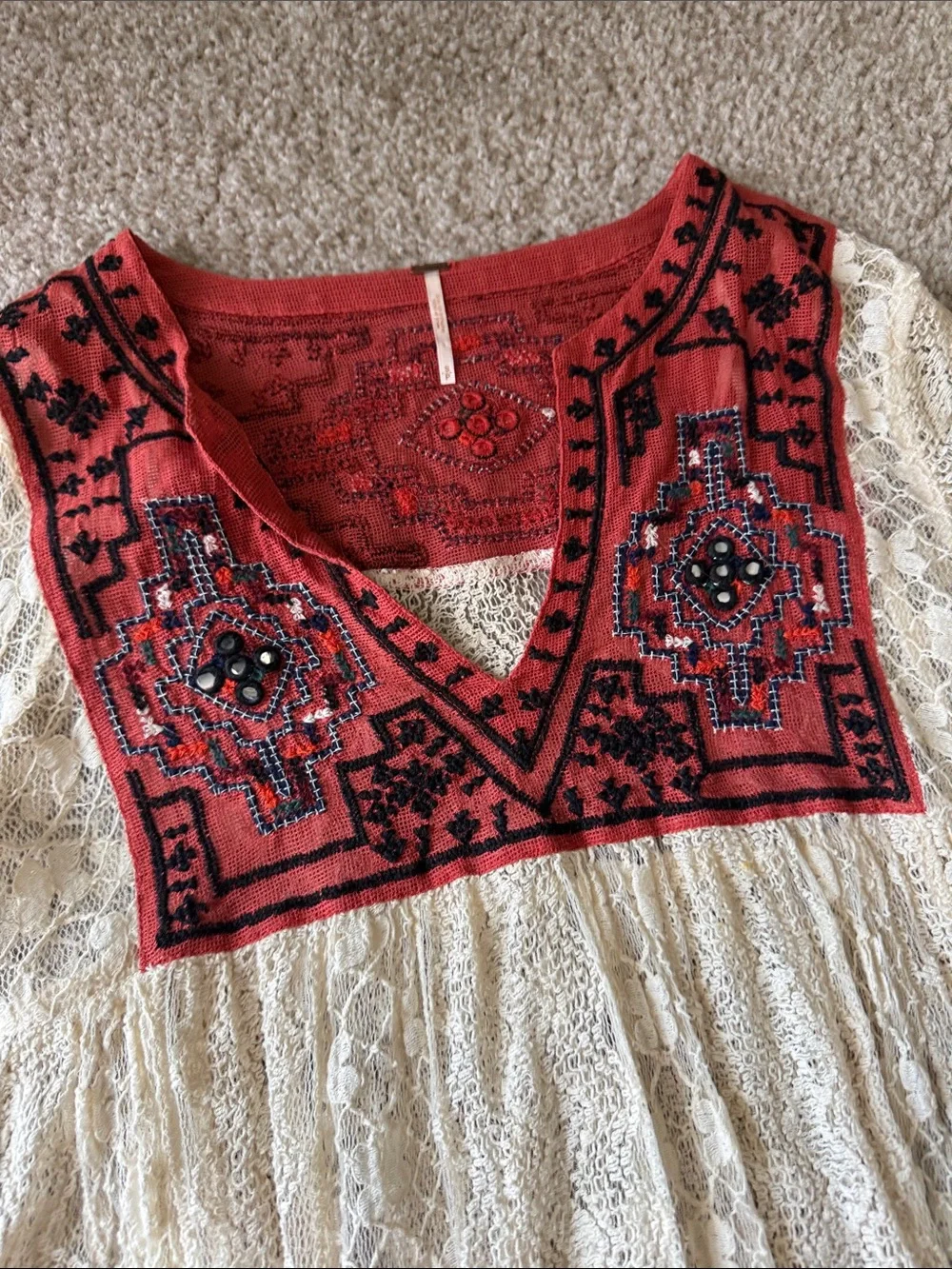 Free People Women’s Cream Lace Tunic with Red Embroidered Yoke + Mirrors SMALL